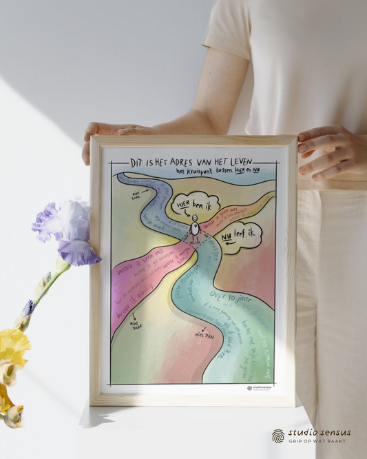 Iemand houdt de Praatplaat 'Dit is het adres van het leven: het kruispunt tussen hier en nu' vast, bijvoorbeeld een docent.