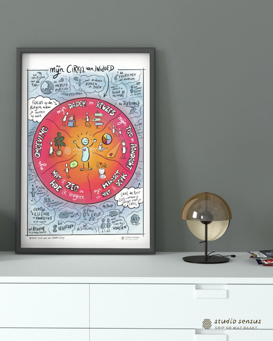 De praatplaat Mijn cirkel van invloed staat ingelijst op een kast in een coachpraktijk