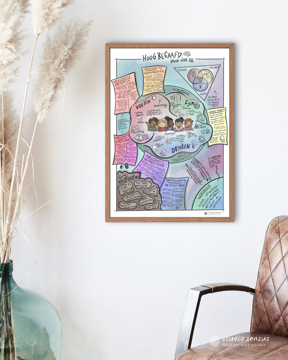 Praatplaat Hoogbegaafd meer dan IQ hangt aan de muur bij een praktijk voor coaching van hoogbegaafde kinderen