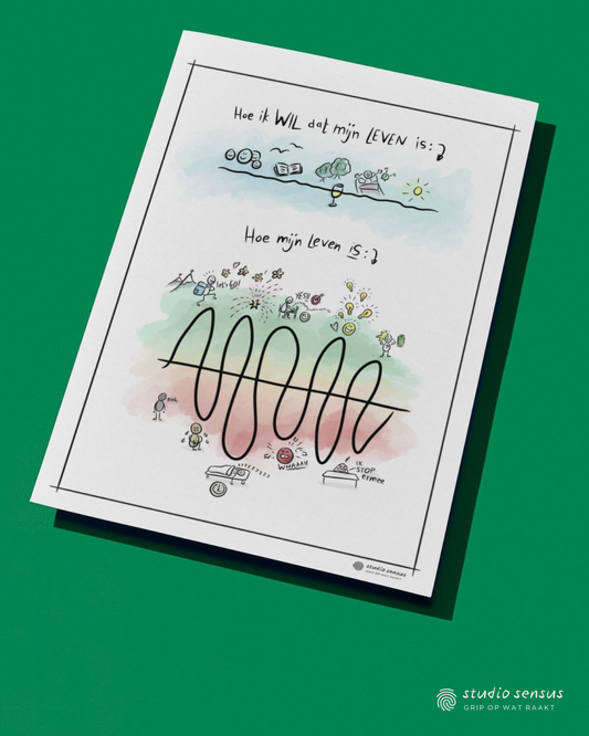 Illustratie die begint met 'hoe ik wil dat mijn leven is' en een tekening van een rustig, gelijkmatig leven. Daaronder staat: hoe mijn leven is: een wilde achtbaan-lijn met hoge pieken en diepe dalen.