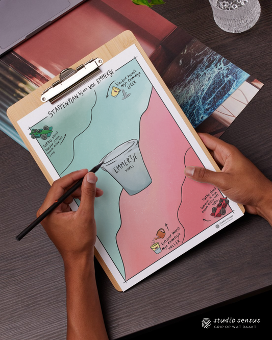 Iemand is bezig met het invullen van zijn eigen 'emmertje'. Dit sjabloon hoort bij het stappenplan bij een vol emmertje. Op het sjabloon kun je in een groen en een rood vak invullen waar jouw emmertje vol van raakt, en waar het weer leeg van wordt. Je kunt ook aangeven waar je emmertje super snel vol of leeg door raakt.