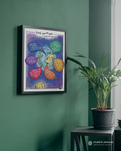 Praatplaat Aardig voor onze aarde: wat kan ik doen hangt ingelijst als poster in een kamer met een groene muur en een plant.