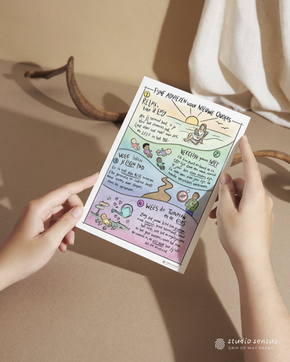 Jonge ouder houdt de kaart Fijne adviezen voor nieuwe ouders vast.