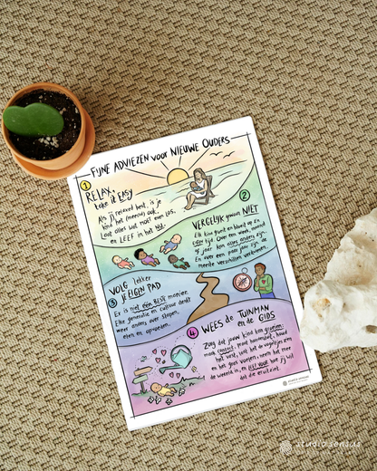 De wenskaart Fijne adviezen voor nieuwe ouders ligt op een kleed in een babykamer