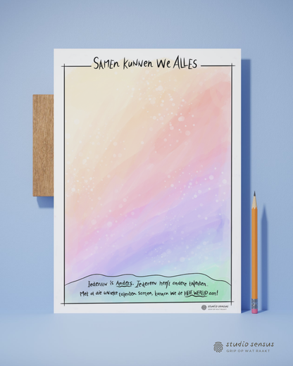 Invulversie van de praatplaat Samen kunnen we alles. Leeg sjabloon waarop je een groep kinderen kunt tekenen.