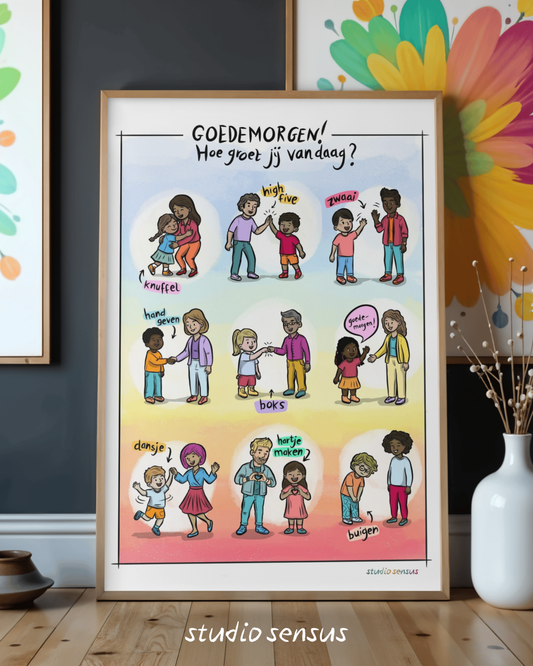 Poster 'Goedemorgen! Hoe groet jij vandaag?' - Leuk voor de basisschool, kdv, bso, kindercoaching