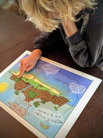 Leerling wijst een poppetje aan op de praatplaat 'het eiland van je leven', dat staat voor hoe hij zich op dit moment voelt.