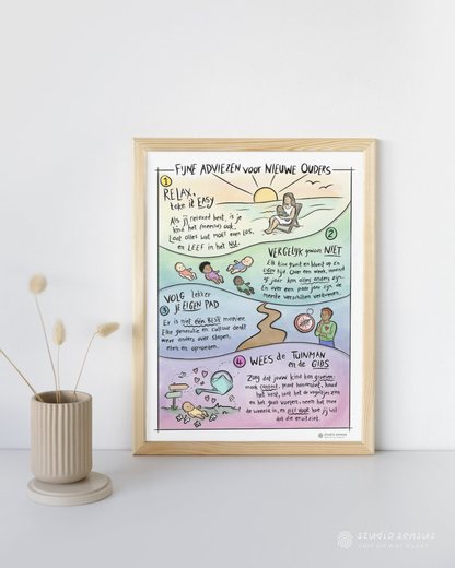 Een ingelijst voorbeeld van de poster Fijne adviezen voor nieuwe ouders op een babykamer in zachte kleuren