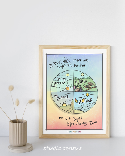 Praatplaat ik doe niet meer aan herfst en winter. Je ziet een cirkel met de vier seizoenen: lente, zomer, nazomer en vroeglente. Erboven staat: ik doe niet meer aan herfst en winter. Eronder staat: en wat blijkt? Bijna elke dag zon!