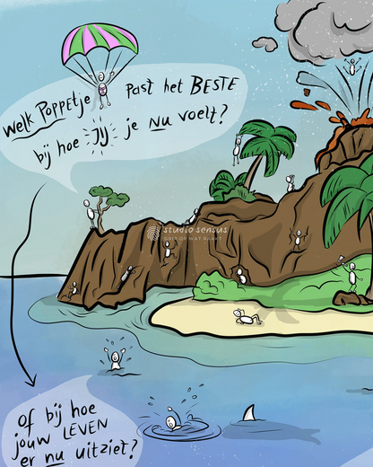 Uitsnede uit praatplaat het eiland van je leven. Je ziet staan: welk poppetje psat het beste bij hoe jij je nu voelt? Of bij hoe jouw leven er nu uitziet? Je ziet poppetjes die door de lucht zweven aan een parachute, bijna van een klif vallen, de rots op klimmen, chillen op het strand, boos een boom omhakken, enzovoorts.