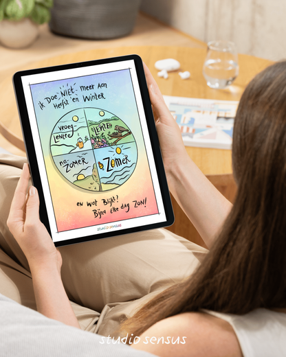 Vrouw houdt tablet vast waarop de praatplaat 'ik doe niet meer aan herfst en winter' te zien is'
